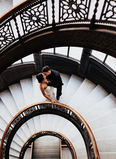 bride & groom on stairwell